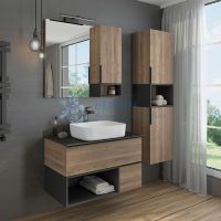 Тумба-умывальник Comforty Штутгарт 90 дуб тёмно-коричневый с черной столешницей c раковиной T-Y9378 00-00002868CF