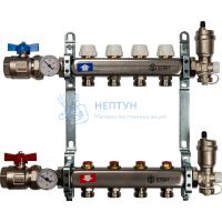 Коллекторная группа Stout для радиаторов в сборе без расходомеров на 4 контура из нержавеющей стали