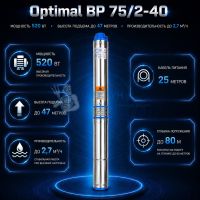 Насос cкважинный Optimal BP 75/2-40 Allwater (d-75 мм, ном/макс 36-47 м / 1,8-2,7 куб/ч) кабель 25 м