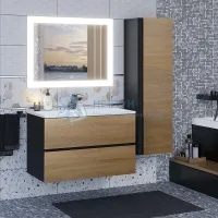 Тумба с раковиной для ванной Uperwood Barsa 80 см, раковина белая, подвесная тумба черная/дуб сонома
